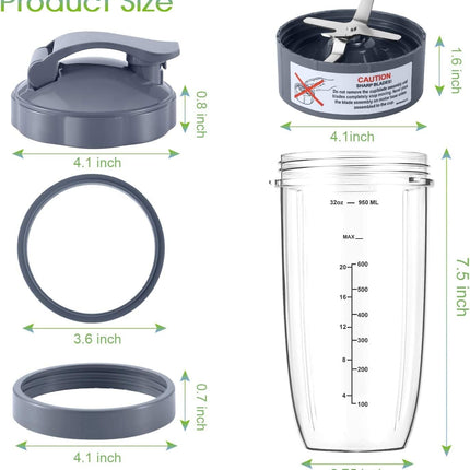 7 Pieces nutribullet Blender Cups & Blade Replacement Set 32oz Huge Cup with 1 Flip-Top To-Go Lid and 1 Lid Ring & Premium Extractor Blade with Compatible with NutriBullet 600w/900w Blender.