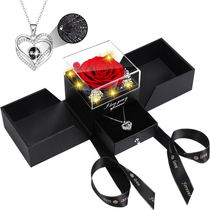 Preserved Red Real Rose Flowers in Box with I Love You in 100 Languages Necklace - Unique Gift for Women Mom Wife Girlfriend  Mother's Day Valentine's Day, Birthday, Christmas.