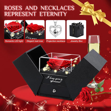 Preserved Red Real Rose Flowers in Box with I Love You in 100 Languages Necklace - Unique Gift for Women Mom Wife Girlfriend  Mother's Day Valentine's Day, Birthday, Christmas.