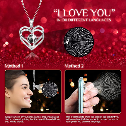 Preserved Red Real Rose Flowers in Box with I Love You in 100 Languages Necklace - Unique Gift for Women Mom Wife Girlfriend  Mother's Day Valentine's Day, Birthday, Christmas.