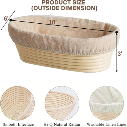 Bannet Bread Proofing Basket 2 pack 10 inch Oval Basket with Liner, Bread Proofing Basket Perfect for Professial & Home Sourdough Bread Baking, Artisan Sourdough Bread (Set of 2 pack 10" Oval).