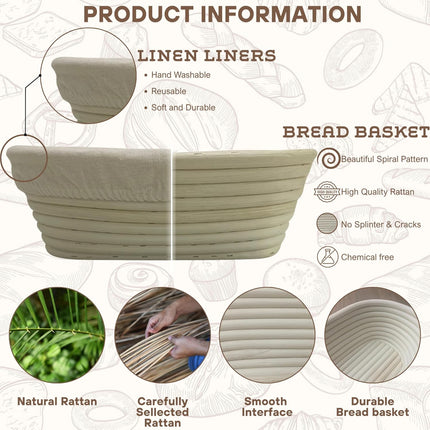 [Upgraded] Bannet Bread Proofing Basket 2 pack 10" Oval With Liner, Natural Rattan Bread Basket Perfect for Professial & Home Sourdough Bread Baking, Artisan Sourdough Bread. (Set 2 pack 10" Oval).