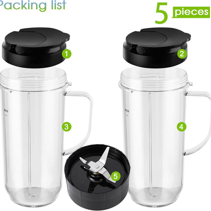 5-piece Magic Bullet Blender Cups, Tall 22oz Cup with Flip-Top To-Go Lid, Cross Blade, Blender Replacement Parts, Mug with Handle Compatible with Magic Bullet 250w MB1001.