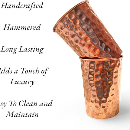 Set of 2 Hammmered Pure Copper Cups For Drinking Water Glasses Tumblers Glass for Ayurveda Health Benefits.