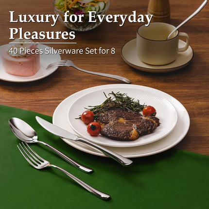 40-Piece High-End Silverware Set with Forks Spos and Knives, Stainless Steel Serving Utensils for 8 with Mirror Finished Handle, Durability and Dishwasher Safe for Restaurant, Weddings.