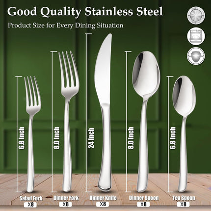40-Piece High-End Silverware Set with Forks Spos and Knives, Stainless Steel Serving Utensils for 8 with Mirror Finished Handle, Durability and Dishwasher Safe for Restaurant, Weddings.