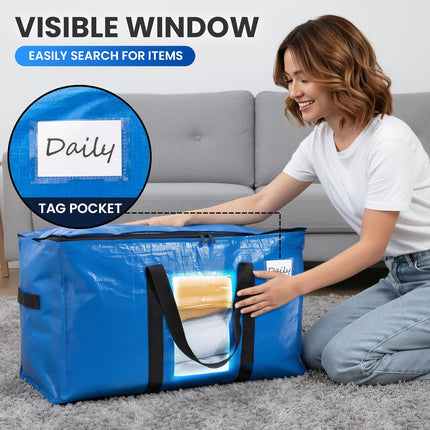 Extra Large Moving Bags, 4 Pack Blue Heavy Duty Totes For Storage with Visible Window, Wrap Around Handles, Storage Bags for Space Saving, Alternative to Moving Boxes.