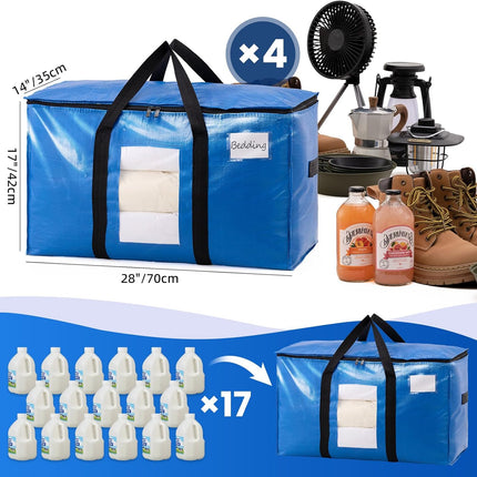 Extra Large Moving Bags, 4 Pack Blue Heavy Duty Totes For Storage with Visible Window, Wrap Around Handles, Storage Bags for Space Saving, Alternative to Moving Boxes.