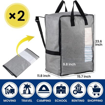 2 Pack Gray Moving Bags w/Adjustable Backpack Straps, Moving Supplies, Moving Boxes Alternative, Heavy Duty Storage Totes for College Packing, Camping Backpack for Travel, Dorm, Laundry.
