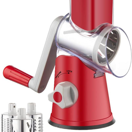 Rotary Cheese Grater Hand Crank, Cheese Shredder with 3 Drum Blades, Mandoline Slicer, Food Chopper for Hard Cheese, Vegetable, Nuts, Potato.