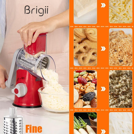 Rotary Cheese Grater Hand Crank, Cheese Shredder with 3 Drum Blades, Mandoline Slicer, Food Chopper for Hard Cheese, Vegetable, Nuts, Potato.