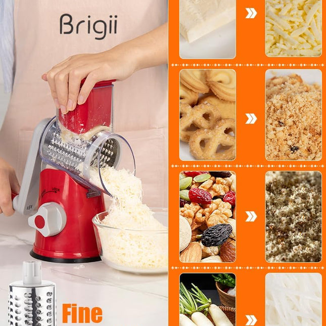 Rotary Cheese Grater Hand Crank, Cheese Shredder with 3 Drum Blades, Mandoline Slicer, Food Chopper for Hard Cheese, Vegetable, Nuts, Potato.