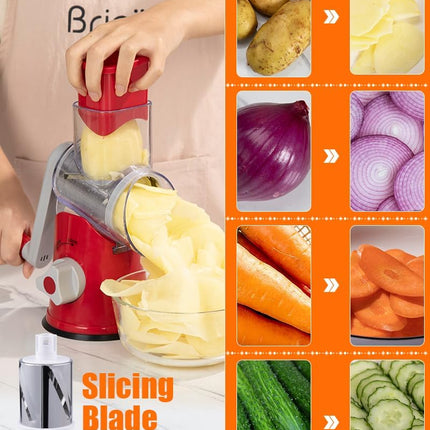 Rotary Cheese Grater Hand Crank, Cheese Shredder with 3 Drum Blades, Mandoline Slicer, Food Chopper for Hard Cheese, Vegetable, Nuts, Potato.