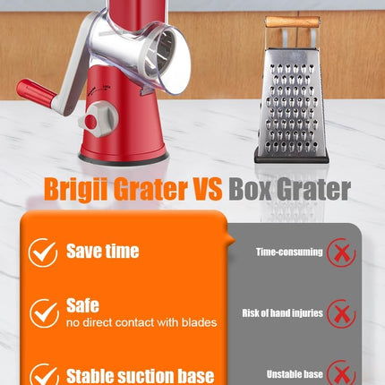 Rotary Cheese Grater Hand Crank, Cheese Shredder with 3 Drum Blades, Mandoline Slicer, Food Chopper for Hard Cheese, Vegetable, Nuts, Potato.