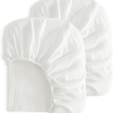 2 Pack Muslin Cott Mini Crib Sheets, Soft and Breathable Double Layer 24x38 Baby Crib Sheets for Mini Crib and Toddler Mattresses, Boys, Girls, Unisex, White, 24x38 Inches.
