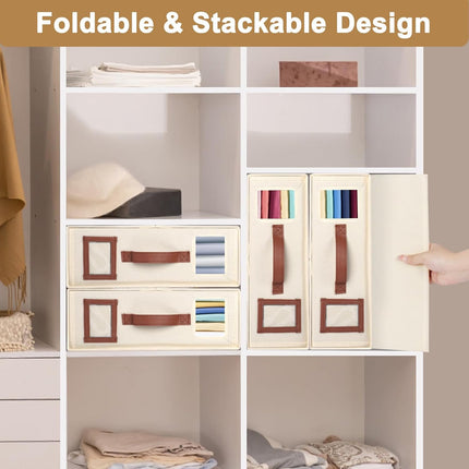 4 Pack Bed Sheet Organizers and Storage, Foldable Sheet Organizer for Linen Closet, Bed Sheet Holders with Window, Beige Bedding Storage Box for Bedsheets, Blanket and Pillow - Queen & King Size.