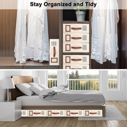 4 Pack Bed Sheet Organizers and Storage, Foldable Sheet Organizer for Linen Closet, Bed Sheet Holders with Window, Beige Bedding Storage Box for Bedsheets, Blanket and Pillow - Queen & King Size.