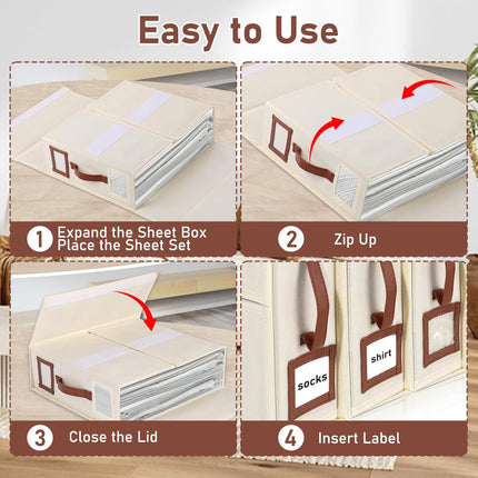 4 Pack Bed Sheet Organizers and Storage, Foldable Sheet Organizer for Linen Closet, Bed Sheet Holders with Window, Beige Bedding Storage Box for Bedsheets, Blanket and Pillow - Queen & King Size.