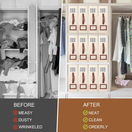 4 Pack Bed Sheet Organizers and Storage, Foldable Sheet Organizer for Linen Closet, Bed Sheet Holders with Window, Beige Bedding Storage Box for Bedsheets, Blanket and Pillow - Queen & King Size.