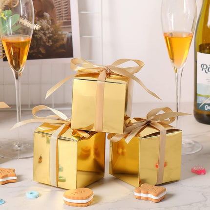 Glenmal 200 Pcs Small Gift Boxes 3 x 3 x 3 Inches Bulk Wedding Favor Candy Boxes with Ribbons Kraft Baby Shower Decorations for Wedding Baby Shower Bridal Shower Birthday Party(Gold).