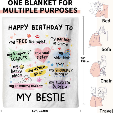 Best Friend Bestie Birthday Gifts for Women, Soft Flannel Blanket, Friend Birthday Gifts for Women Friendship, Happy Bday for Bestie BFF, 50'' x 60''.