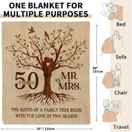 Happy 50th Anniversary Wedding Gifts, Flannel Soft Blanket Decor, Golden 50th Anniversary Romantic Gifts for Couple Parents, 50 Year Wedding Anniversary Decorations - 50x60 inches.