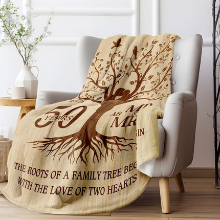 Happy 50th Anniversary Wedding Gifts, Flannel Soft Blanket Decor, Golden 50th Anniversary Romantic Gifts for Couple Parents, 50 Year Wedding Anniversary Decorations - 50x60 inches.