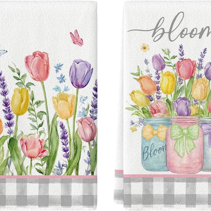 Buffalo Plaid Tulip Bloom Vase Spring Kitchen Towels Dish Towels, 18x26 Inch Farmhouse Summer Floral Decoration Hand Towels Set of 2.