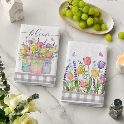 Buffalo Plaid Tulip Bloom Vase Spring Kitchen Towels Dish Towels, 18x26 Inch Farmhouse Summer Floral Decoration Hand Towels Set of 2.