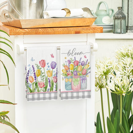 Buffalo Plaid Tulip Bloom Vase Spring Kitchen Towels Dish Towels, 18x26 Inch Farmhouse Summer Floral Decoration Hand Towels Set of 2.