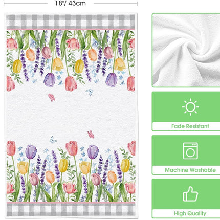Buffalo Plaid Tulip Bloom Vase Spring Kitchen Towels Dish Towels, 18x26 Inch Farmhouse Summer Floral Decoration Hand Towels Set of 2.