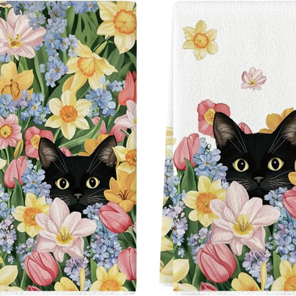 Tulip Wild Flowers Black Cat Spring Kitchen Towels Dish Towels, 18x26 Inch Farmhouse Floral Decoration Hand Towels Set of 2.