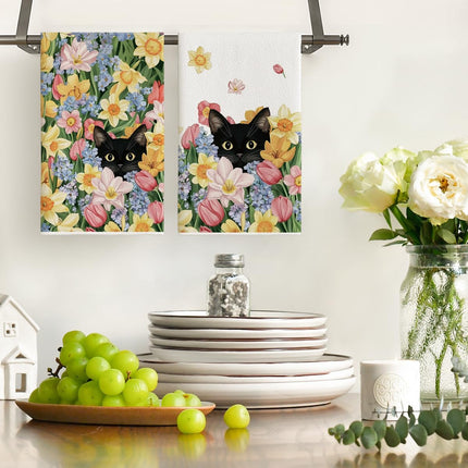 Tulip Wild Flowers Black Cat Spring Kitchen Towels Dish Towels, 18x26 Inch Farmhouse Floral Decoration Hand Towels Set of 2.