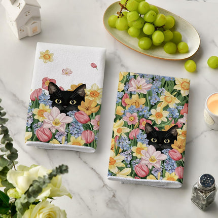 Tulip Wild Flowers Black Cat Spring Kitchen Towels Dish Towels, 18x26 Inch Farmhouse Floral Decoration Hand Towels Set of 2.