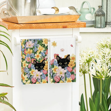 Tulip Wild Flowers Black Cat Spring Kitchen Towels Dish Towels, 18x26 Inch Farmhouse Floral Decoration Hand Towels Set of 2.