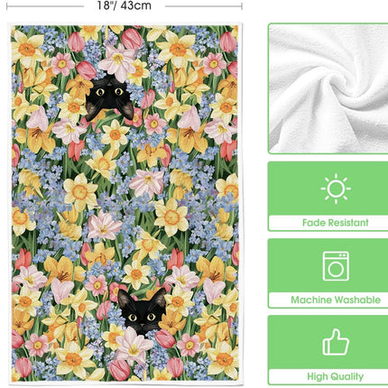 Tulip Wild Flowers Black Cat Spring Kitchen Towels Dish Towels, 18x26 Inch Farmhouse Floral Decoration Hand Towels Set of 2.