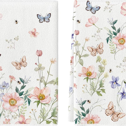 Floral Leaves Butterfly Spring Kitchen Towels Dish Towels, 18x26 Inch Seasonal Summer Decoration Hand Towels Set of 2.