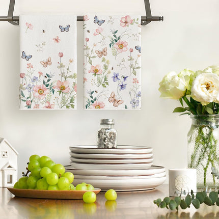 Floral Leaves Butterfly Spring Kitchen Towels Dish Towels, 18x26 Inch Seasonal Summer Decoration Hand Towels Set of 2.