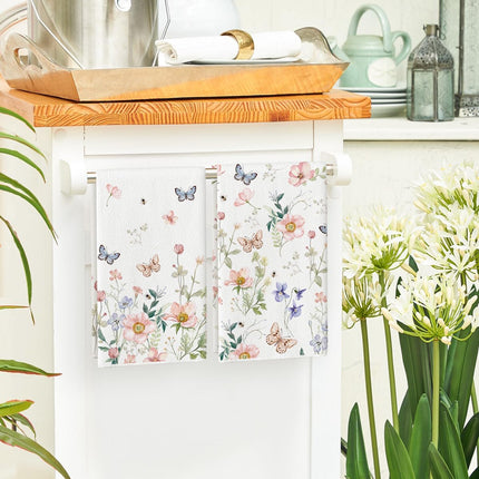 Floral Leaves Butterfly Spring Kitchen Towels Dish Towels, 18x26 Inch Seasonal Summer Decoration Hand Towels Set of 2.