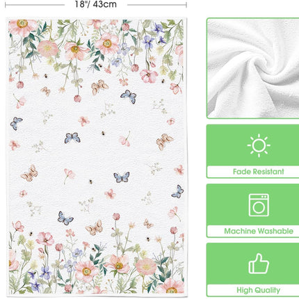 Floral Leaves Butterfly Spring Kitchen Towels Dish Towels, 18x26 Inch Seasonal Summer Decoration Hand Towels Set of 2.