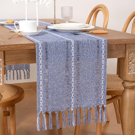 Farmhouse Table Runner 108 inches Macrame Woven Coffee Table Runner Cotton Rustic Fall Thanksgiving Table Runner with Tassels for Boho Home Decor Living Dining Room 13x108 inches Dusty Blue.