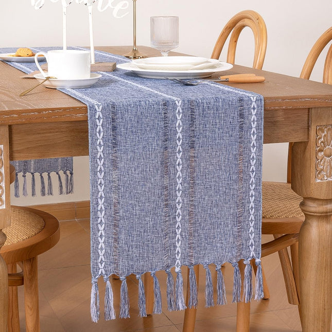 Farmhouse Table Runner 108 inches Macrame Woven Coffee Table Runner Cotton Rustic Fall Thanksgiving Table Runner with Tassels for Boho Home Decor Living Dining Room 13x108 inches Dusty Blue.