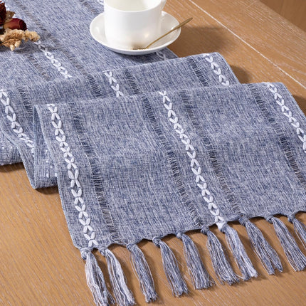 Farmhouse Table Runner 108 inches Macrame Woven Coffee Table Runner Cotton Rustic Fall Thanksgiving Table Runner with Tassels for Boho Home Decor Living Dining Room 13x108 inches Dusty Blue.