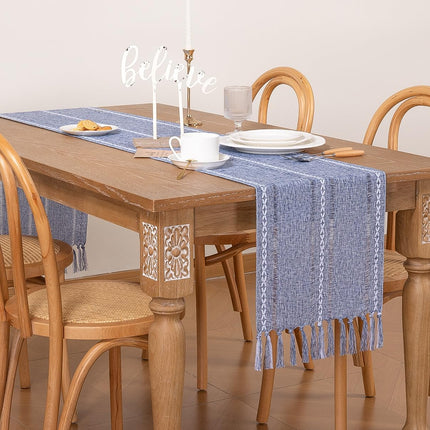Farmhouse Table Runner 108 inches Macrame Woven Coffee Table Runner Cotton Rustic Fall Thanksgiving Table Runner with Tassels for Boho Home Decor Living Dining Room 13x108 inches Dusty Blue.