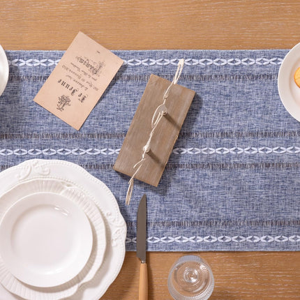 Farmhouse Table Runner 108 inches Macrame Woven Coffee Table Runner Cotton Rustic Fall Thanksgiving Table Runner with Tassels for Boho Home Decor Living Dining Room 13x108 inches Dusty Blue.