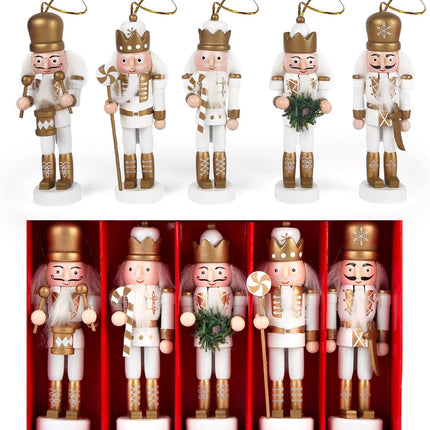 5PCS Nutcracker Christmas Decor, Wooden Nutcracker Hanging Ornaments Soldier for Christmas Tree Gift Shelves Table Decoration (5inch).
