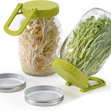 Complete Sprouting Kit - 2 Large Wide-Mouth Mason Jars 32 Oz, 2 Foldalbe Screen Lids with Draining Stand, 2 l Canning Lids, Bean Sprouts Grow Kit for Broccoli alfalfa.