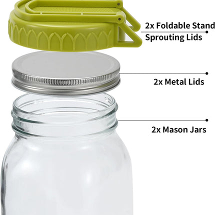 Complete Sprouting Kit - 2 Large Wide-Mouth Mason Jars 32 Oz, 2 Foldalbe Screen Lids with Draining Stand, 2 l Canning Lids, Bean Sprouts Grow Kit for Broccoli alfalfa.