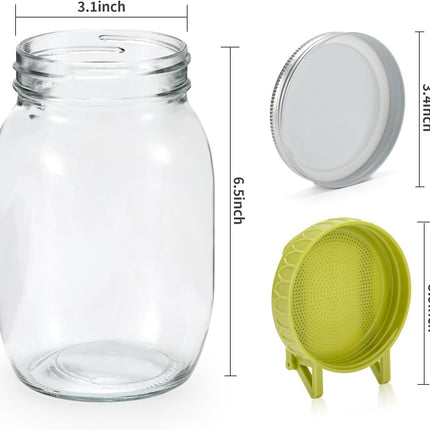 Complete Sprouting Kit - 2 Large Wide-Mouth Mason Jars 32 Oz, 2 Foldalbe Screen Lids with Draining Stand, 2 l Canning Lids, Bean Sprouts Grow Kit for Broccoli alfalfa.