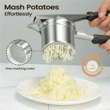 Potato Ricer, 304 Stainless Steel Manual Potato Press with Silicone Handle, Dishwasher Safe Kitchen Tool for Fluffy Mashed Potatoes.